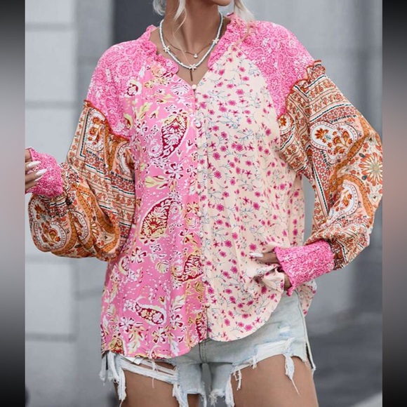Boho Floral Patched Print Cuff Long Sleeve Trimmed Top Blouse Shirt - Picture 4 of 5